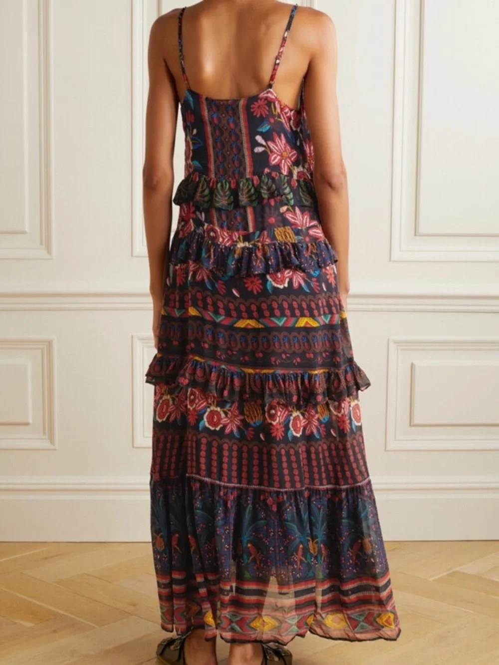Farm Rio Tiered Ruffle Printed Black Maxi Dress - Picture 4 of 4